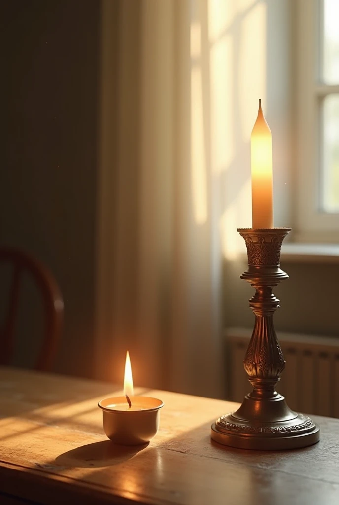 Candle lights that are burning quickly,Taoist rattles,The environment is dim,The rattle is quaint and a little dusty