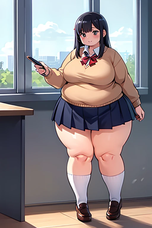 Glasses girl, long black hair, Gigantic ass, solo, highschool uniform, exposed nipples, Mini skirt, medium waist, gigantic breasts, thick thighs ,horny expression with a cynical look (background: Toilet stall)