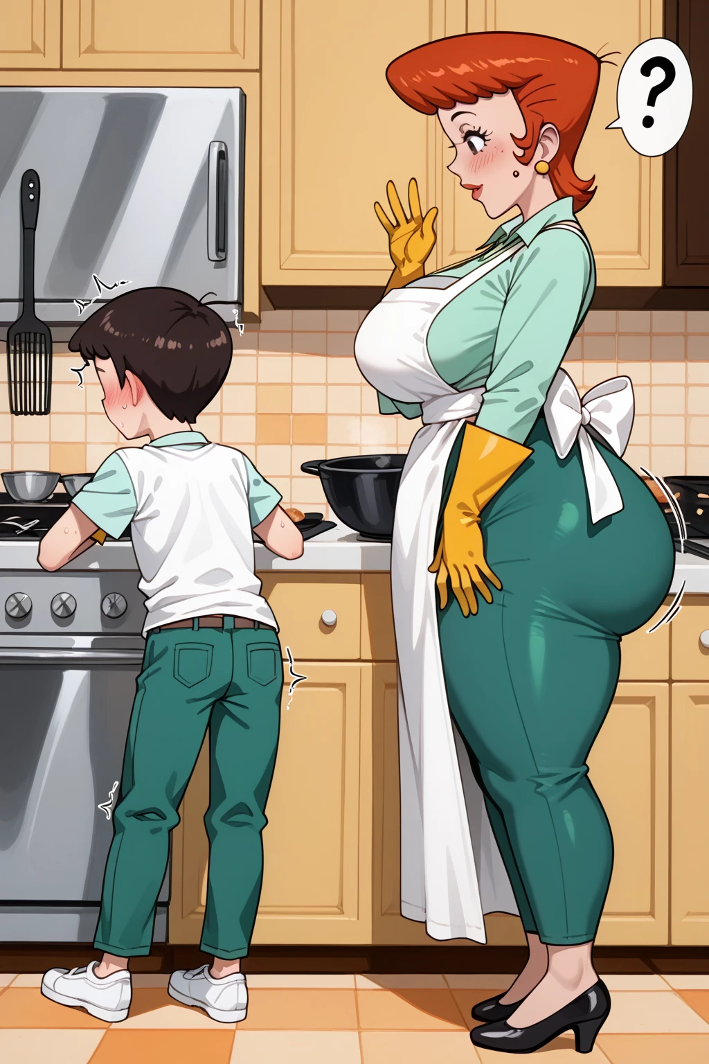 score_9, score_8_up, score_7_up, BREAK, front, woman and shota, 1girl, breasts, (((open legs and view penis n testicles))), anus,, makeup, jewelry, gloves, shirt, apron, kitchen, mature female, simple background, thick thighs, wide hips, big ass, showing buttcrack slightly, showing big butt and penis, (thong outline under pants), (thong showing pants slightly down), bend over, shota, shota small, grab ass, smile, small penis, small testicles, hug and grab ass,,