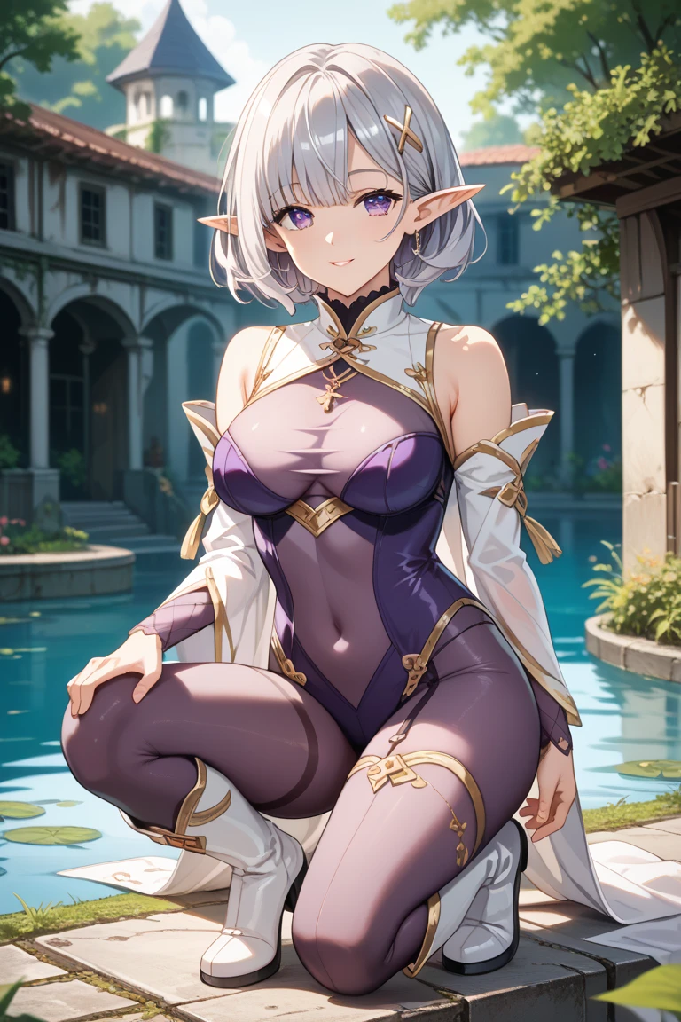 masterpiece, best quality, highres BREAK dslili, green eyes, long hair, two side up, hair ornament, pointy ears, ahoge, small breasts, leotard, covered navel, pantyhose, ribbon, ascot, 1girl, solo BREAK sitting outdoors, lakeside, evening, detailed background, lilibet
