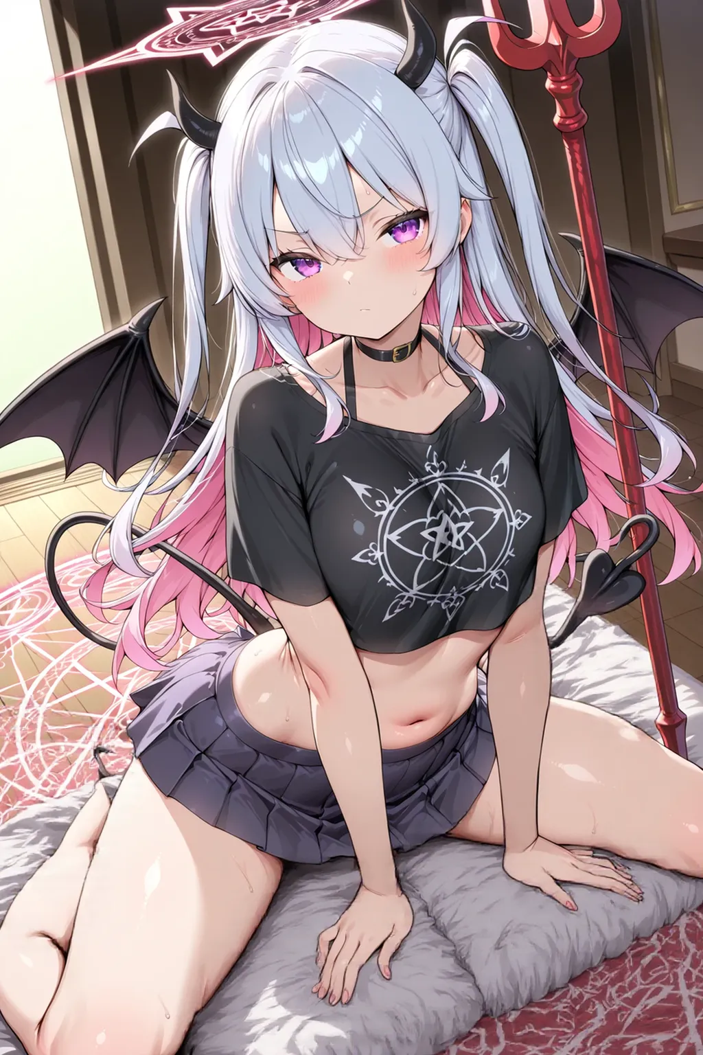 Thick thighs, big shirt, no pants, large breasts, demon horns, small wings, demon tail, panties