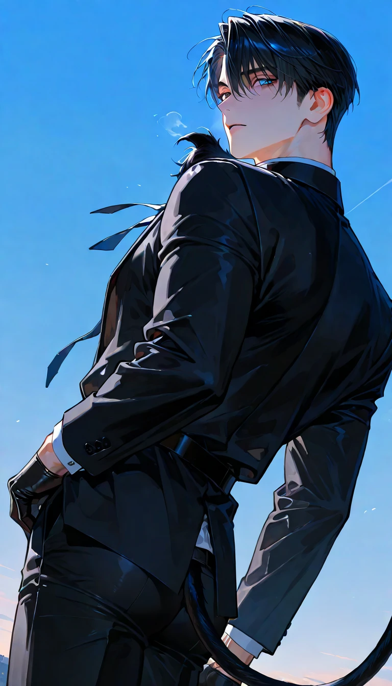 teenage man ,Smoky white hair, wearing a black suit . Turn back and look back. Half body image, colored lights,  look back. วิวจากดาดฟ้าตึกสูง all black suit