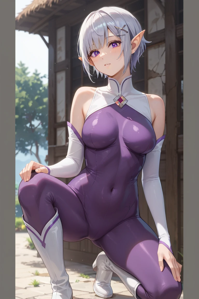 Ultra-detailed illustrations、Ultra-precise expression、masterpiece、Highest quality、ultra High resolution、High resolution、Hiromitsu Takeda Style、White background、Simple Background、One girl、solo、Mash Kyrielight、light purple hair,short hair,hair over one eyes、Rider Suit、purple heel boots、Purple eyes、Open your mouth、blush、Large Breasts、Big Breasts、Erect nipples、Choker of Hearts、White Breath、Sweat、Glowing Skin、shiny skin、Front angle、View your viewers、Raise one leg、