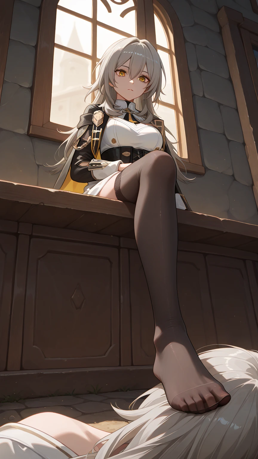 masterpiece, top quality, bewitching pose, full body wide angle, smile, (sitting:1.1) ,ichiraku ramen, (eating ramen noodles:1.0), holding chopsticks and ramen bowl, slurp one's noodles,, silence suzuka (umamusume), black gloves, white skirt, pleated skirt, black pantyhose, layered sleeves, puffy short sleeves, short over long sleeves, black bow, festival,