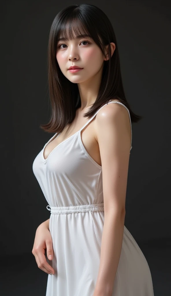 ((1 girl)), Very beautiful Japanese idol portraits, (RAW Photos, Highest quality), (Realistic, Realistic:1.4), (masterpiece), Very delicate and beautiful, Very detailed, 2k wallpaper, wonderful, finely, Very detailed CG Unity 8K 壁紙, Very detailed, High resolution, Soft Light, Beautiful detailed girl, Very detailed目と顔, Beautiful and detailed nose, finelyて美しい目, Cinema Lighting, (Simple light color background:1.3), (Long Hair), (Parted bangs), Complete Anatomy, Slender body, Small breasts, smile, ((Full body shot)), , (White chemise),(Panty lines),Sexy pose,Vibrant,((secretary)),Slender,(Long legs),(White long slip skirt),((race)),Thin silk-like,