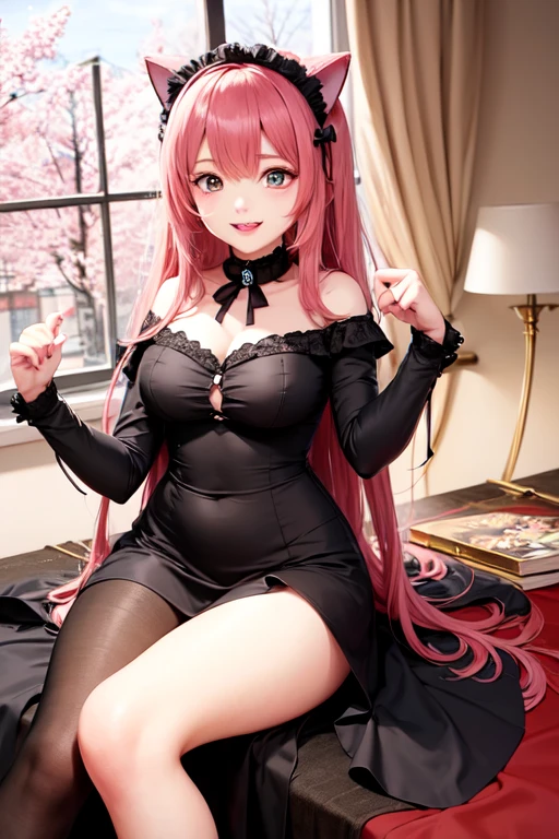 best quality, insanely detailed, nino nakano, breasts, blush, bedroom background, bare-shoulder, looking at viewer, a black ribbon, stockings, open pussy, smile, lingerie garterbelt, cheerful eye, Legs open to the left and right