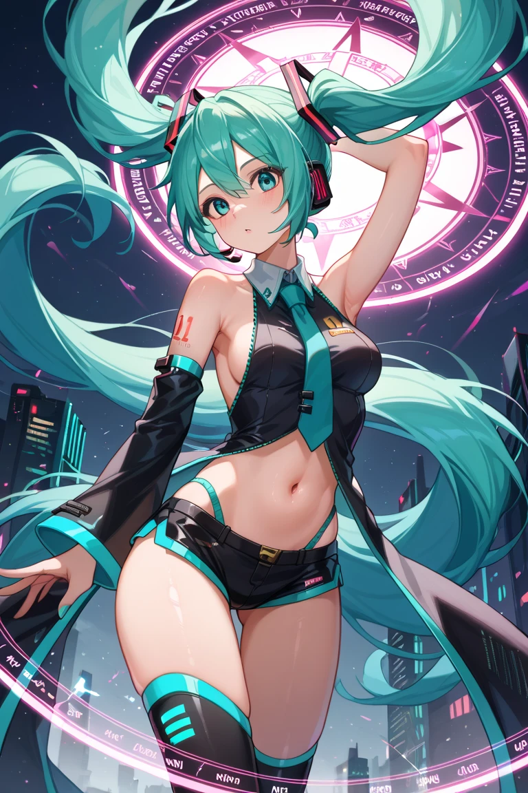 (dynamic angle:1.4), (full body pose:1.5),Hatsune Miku,super idol,goddess scanty,beautiful breasts,A sly smile