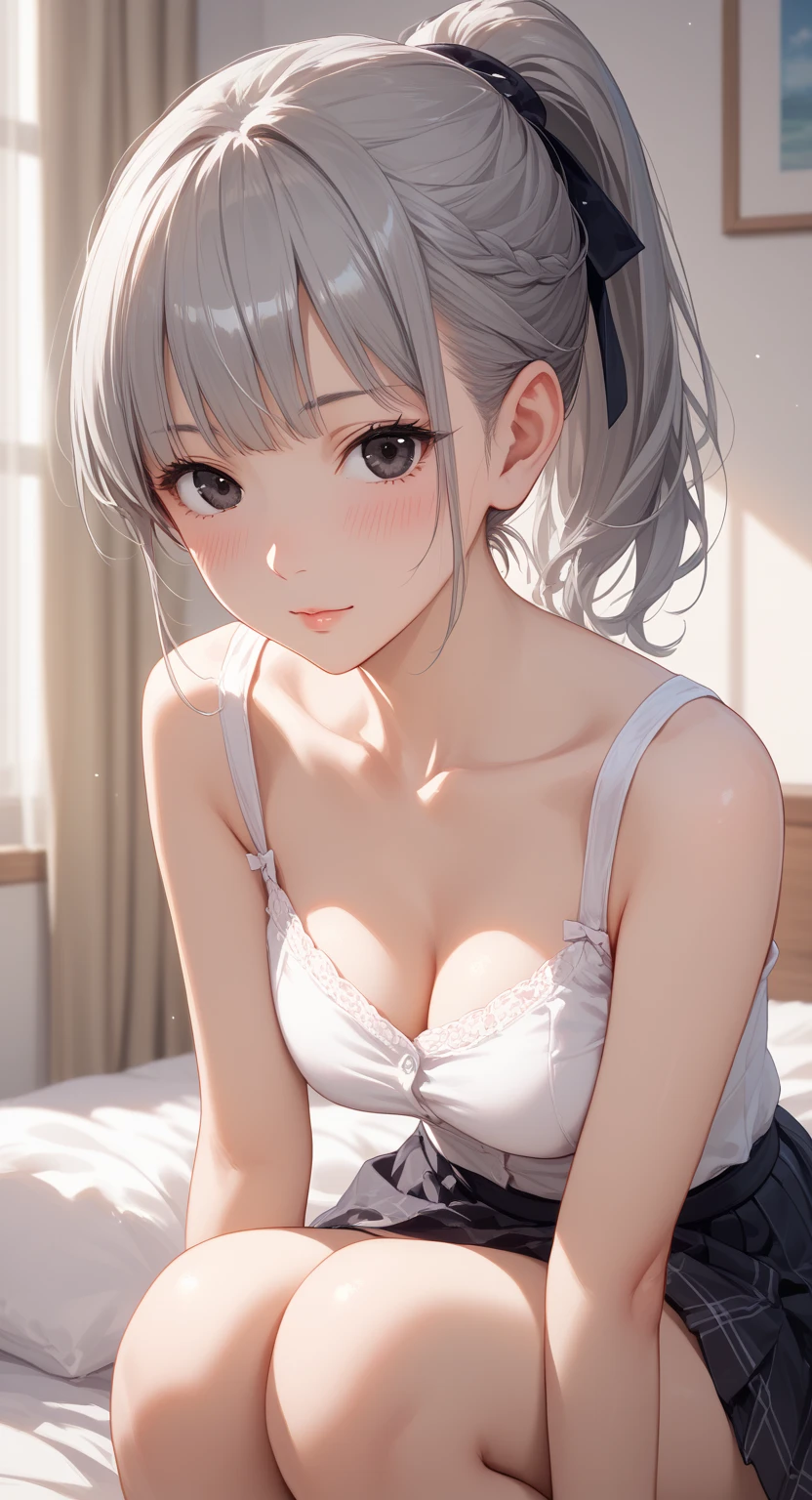 Best Quality,High resolution,8k,finelity detailed background,Masterpiece:1.2),beautiful girl,Glossy romance gray hair,pony tail,Gray eyes,Gentle look,A refreshing look,smile,Best quality,Best Quality,Aesthetic and aesthetic:1.2,Best details((Super detailed))(High-definition CG illustrations),Dark grey underwear, (dark gray),Slender body,morning,Sun light,Bedroom,On the bed,smile,blush,cute,Scrounge,Looking up,Being spoiled,super model,wariza,shoot from,below