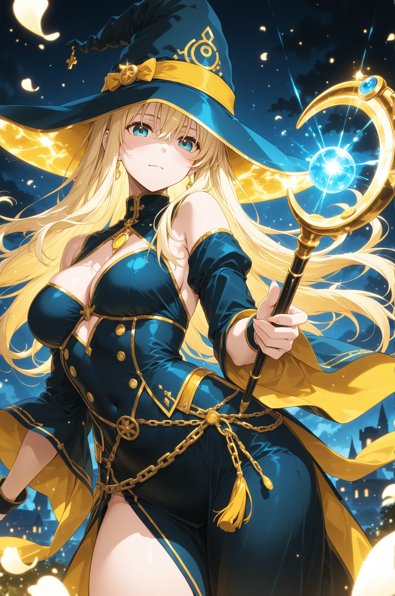 (( straight face picture )) ((best quality)), ((Masterpiece)), (details), Young woman , yellow hair , Dirt. , blue eyes ,Blue purple set, Gold pattern, wearing a big brimmed hat , Magician , The dress is very beautiful. ,long dress ,big breasts ,Big butt