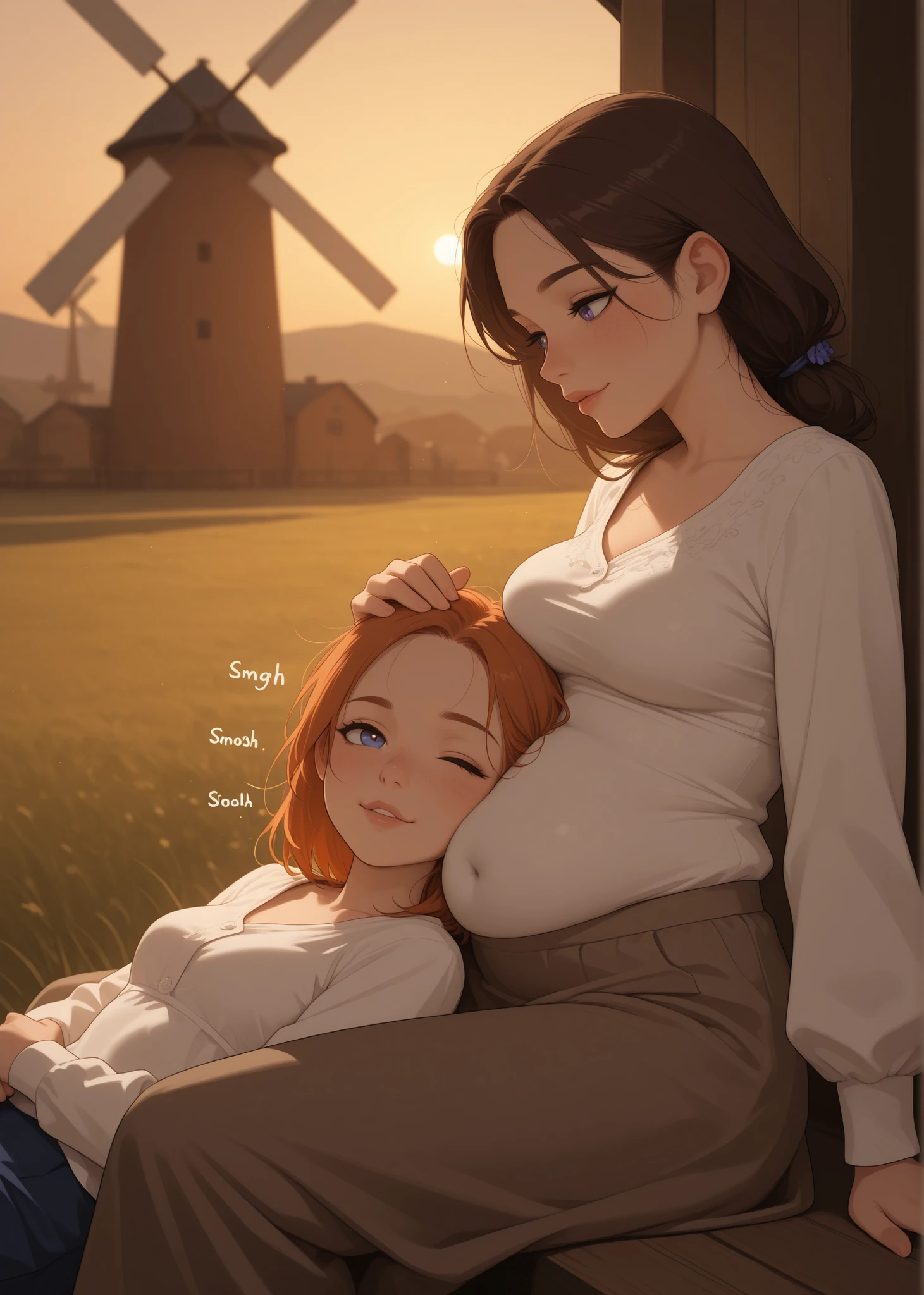 countryside meadow, windmill, Scandinavian woman, flowery Scandinavian blouse, skirt, hair extension,
fully dressed, covered navel, belly concealed by clothes,
visible forehead, freckles, moles, detailed eyes, detailed lips,
slim body, slim waist, slim belly, skinny, athletic, slight muscles, medium breasts, 

underlighting, dim, light, flat colors,
profile, sideview, from the side, 

2 adult females, different hair colors, different haircuts, different clothes, sitting, lying, head on lap, lap pillow, 
resting her head on top of her smiling sister's belly, a woman pressing her ear into her sister's belly, side of the head pressing against her sister's belly, listening to her sister's belly, leaning against belly, head next to belly, head resting on belly, ear pressed to belly, head pressed above navel, smooshed cheek, the one listening to the belly has both eyes visible, face turned outward toward viewer, facing viewer, pupils leering toward belly, startled expression, one eyebrow raised, one eye shut in focus, tall sister smiles and licks her lips,

digestion SFX, "gurgle" and "slosh" and "glorp" sound effects from her stomach,