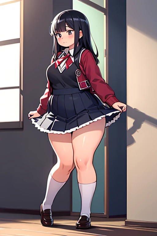 ((kipteitei art)), ((masterpiece)), (((best quality))), ((ultra-detailed)), (((illustration))), detailed face, ultra cute face, detailed body, ((1girl)), ((solo)), ((Rin Tohsaka)), aqua eyes, black hair, hair ribbon, long hair, ribbon, sidelocks, black thighhighs, long sleeves, ((undersized skirt)), miniskirt, pleated skirt, ((red sweater)), tight sweater, skirt, (white panties seen underskirt), (Skirt tug), sweater, turtleneck, cute, cute pose, looking at viewer, cowboy shot, facing to the side, tsundere, blush, (embarrassed), cute, (small breasts), perky breasts, thicc, chubby, chubby belly, belly hang, (fat folds), (((gigantic fat ass))), (((wide hips))), (((thick thighs))), walking down the street, town,