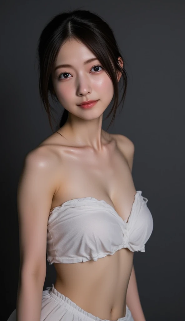 Best quality, masterpiece, ultra high res, (photorealistic), raw photo,1girl, skinny, upper body,solo, realistic, looking at viewer, long hair, bokeh background, city streets,brown eyes, Shiny bikini swimsuit with narrow area, Angle from above with tongue sticking out
