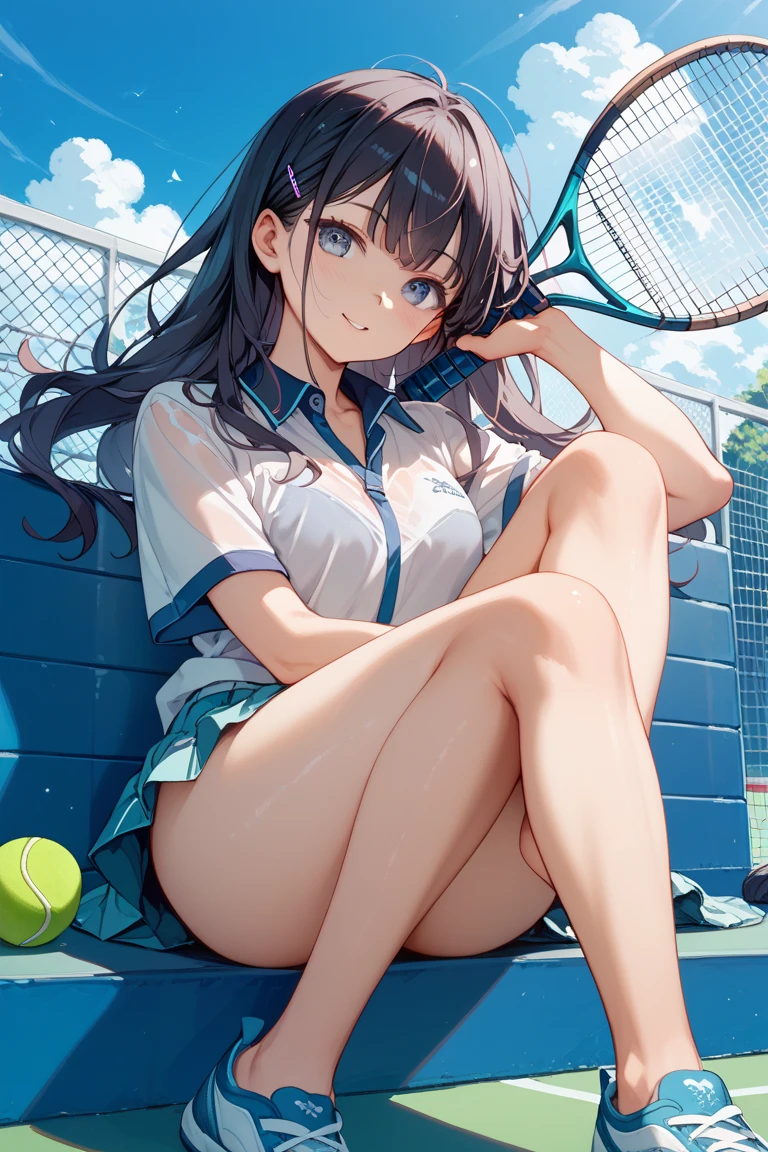 a matter of fact, daytime, sunlight, 1 girl, 8K resolution, blue hair, blue eyes, glowing eyes, white short skirt, Blush, tennis costume, sleeveless shirt, sunlight, Wet from the rain, seethrough, Sit with your knees raised., pussy, Spread your legs slightly., smile, the skirt is lifted up, highest quality, High resolution, highly detailed face, perfect lighting, Very detailed CG, (perfect hands, perfect anatomy), mini yaemori, perfect figure, in love expression, bottomless, armpit, Thao Waist,