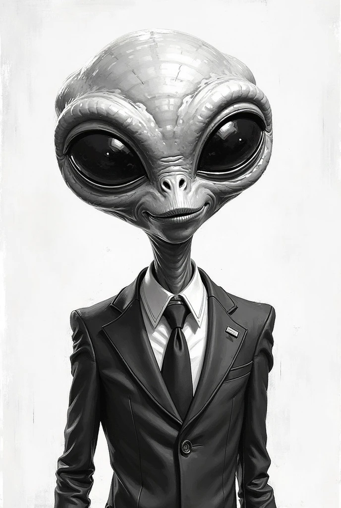 alien in tuxedo, curly hair, gotee,