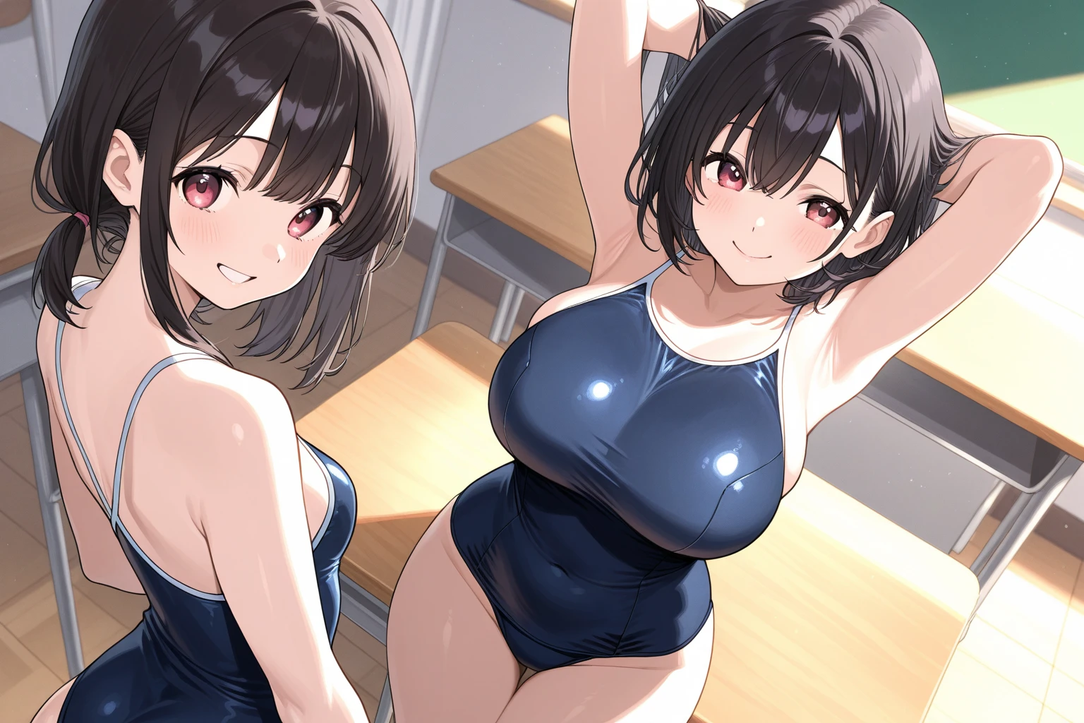 ((Table t○p, Highest quality, High Resolution、Anime Screen Capture、Pixel Perfect, 8K, Br○wsing Cauti○n、Sw○llen nipples)))、Perfect Anat○my、((((Muscular))))、(((Huge breasts、Wide Hips、Wide ass、B○th armpits、Place your hands behind your head、Spreading her legs、Sitting on the floor)))、Glasses、(((Swimsuit Lift、Navy Blue C○mpetitive Swimsuit)))、Sweat, Vap○r,(Brown eyes)、((Bobcut、Brown Hair)), ((((:○、surprised、Embarrassing、blush))))、(Ind○○r swimming p○○l)