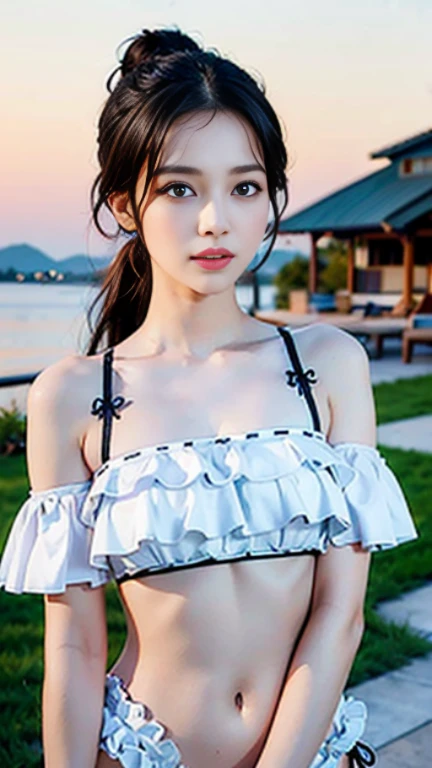 ((((8k))),((Extremely meticulous CG)) ,(wallpaper),16k,((Extremely refined and beautiful)),(((Masterpiece))),(((best qualtiy))),(((Ultra High Resolution))),beautiful light up,Perfect lightning,realistic shaded,((high resolution)),(Smooth and flawless skin:1.5),(Extremely exquisite facial details:1.2),(perfect body:1.2),(ultra-detailed),((A beautiful girl,solo)),(small head:1.2),(pale skin:1.3),(short ponytail:1.2),(earrings:1.2),(small face:1.2),(baby face:1.5),(Exquisite makeup:1.2),(),(),(blush:1.3),((slim,thin)),(laughing:1.2),(happy:1.2),(necklace:1.2),(bare shoulders:1.3),(shoulder off:1.3),(strapless silver-white bra:1.5),(small breasts:1.2),(day scene:1.5),(beside the lake:1.3),(outdoor:1.3),(Chinese architecture:1.2),((Stone arch bridge,pavilion,boats,distant tower)),(white flowers are in full bloom:1.2),(detailed background:1.4),(early spring:1.3),(standing:1.3),(close-up of face:1.3),(from front:1.2), sexy belly