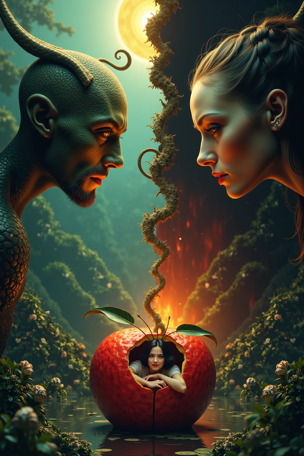 biblical story, Adam, Eve and an apple in a withered garden, a snake nearby, ais-prchd, 8k, ultra detailed, <lora:Parched_SDXL:0.5> <lora:xl_more_art-full_v1:0.5>