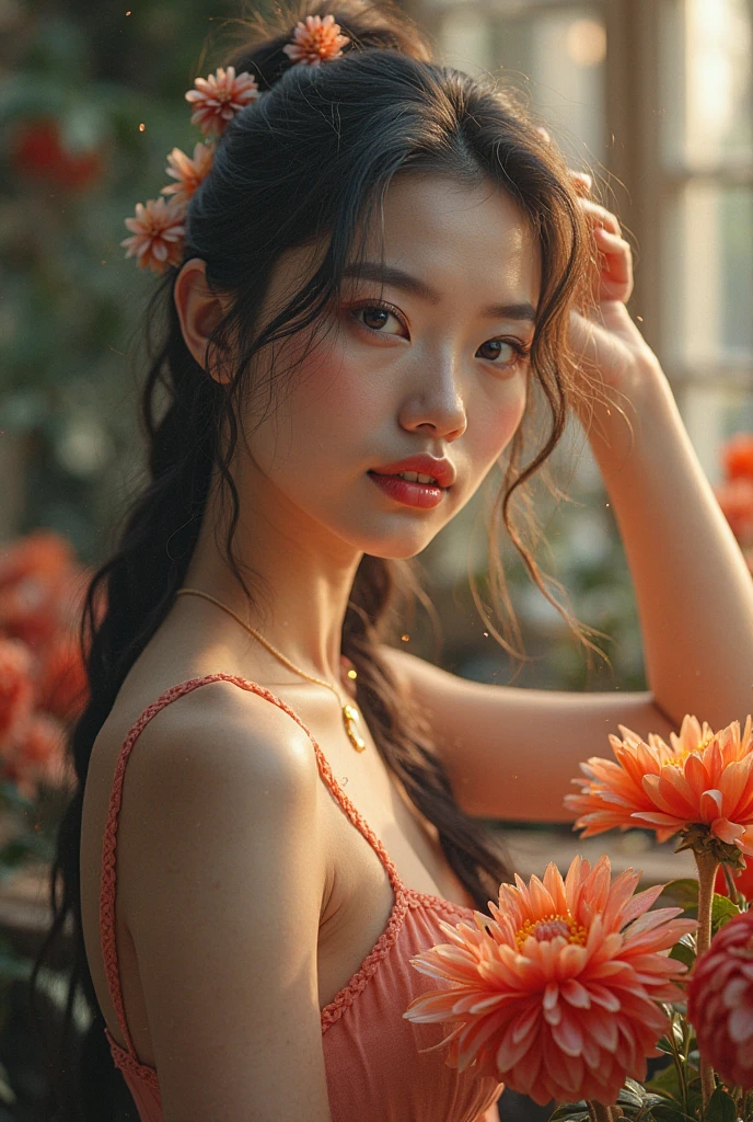 A Japanese woman in a lush tropical garden, wearing an open shirt with a floral print,  close up capturing the harmonious beauty between her breasts and the natural flowers, showing off your natural charm and outgoing personality.