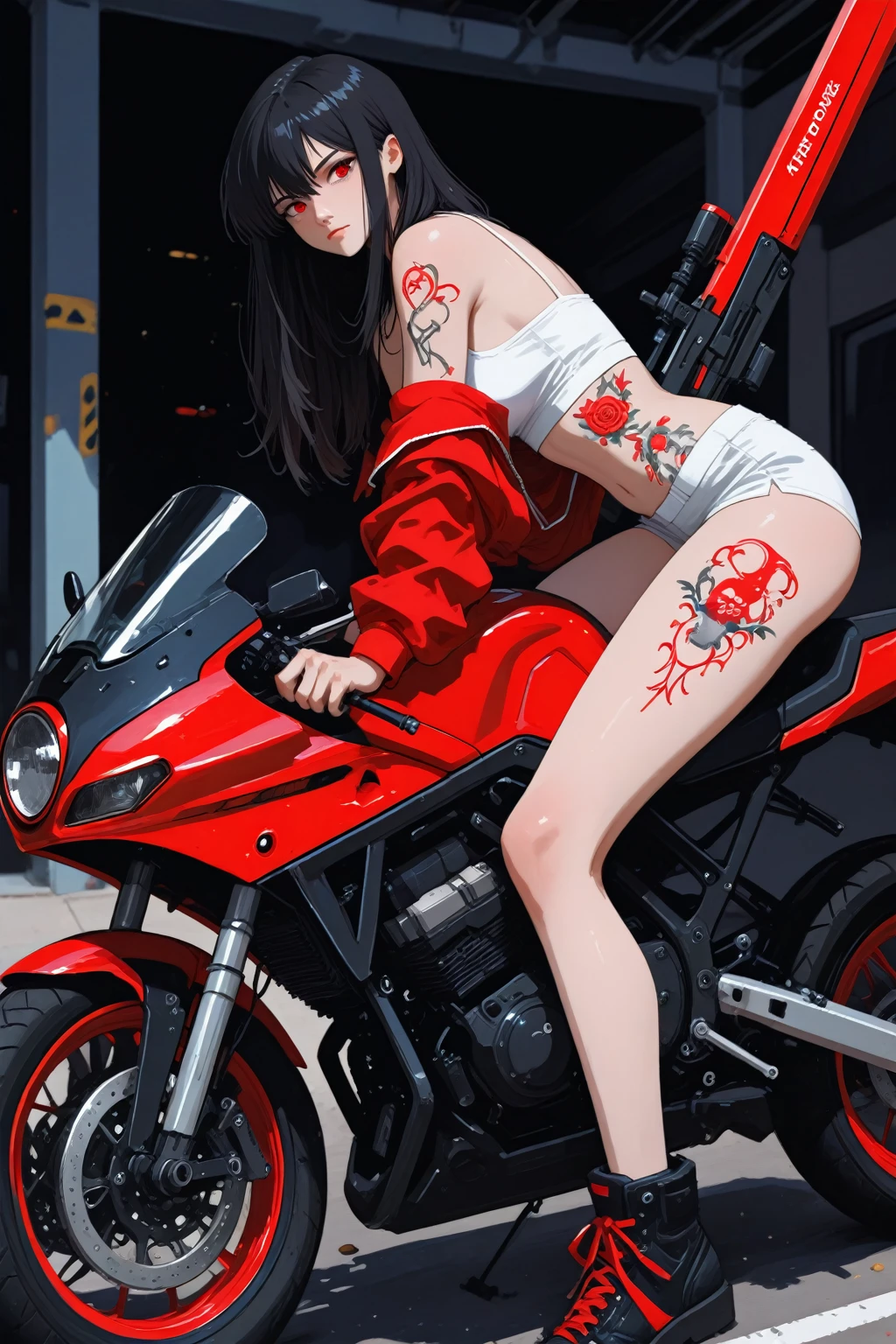 yhmotorbike (1 screen,Full body image), (((Dynamic Angle))), resolution,high resolution,8K,Highest quality,masterpiece, (pefect anatomy), (Perfect five-finger ratio), (Symmetrical face), (One young beautiful woman), (((Dark brown short hair,Forehead:1.5))), (((She is riding a big black motorcycle, KAWASAKI-Z1000R, on the main road.:1.8))), ((Expressing a sense of speed:1.5)), ((Speed)), ((Explosive feeling)), ((dark red eyewear,Squaretype:1.5)), (((Dark red high leg bikini:1.5))), ((Rider's Helmet:1.2)), (((Rider's Gloves:1.2))), ((Black rider boots:1.2)), (((Take the wheel:1.5))), (((Road racer riding pose:1.5))), (((Wind, Fluttering Hair))), ((Beautiful large, round and firm breasts:1.1)), ((Beautiful cleavage)), (Beautiful and flat abdomen), (Beautiful belly button), (Beautiful toned waist), (Beautiful tight big ass), (Beautiful slim thighs), (Crotch gap), ((Draw the left and right rearview mirrors:1.3))、White smoke comes from the tires, ((This is Manhattan Boulevard, New York City,US))