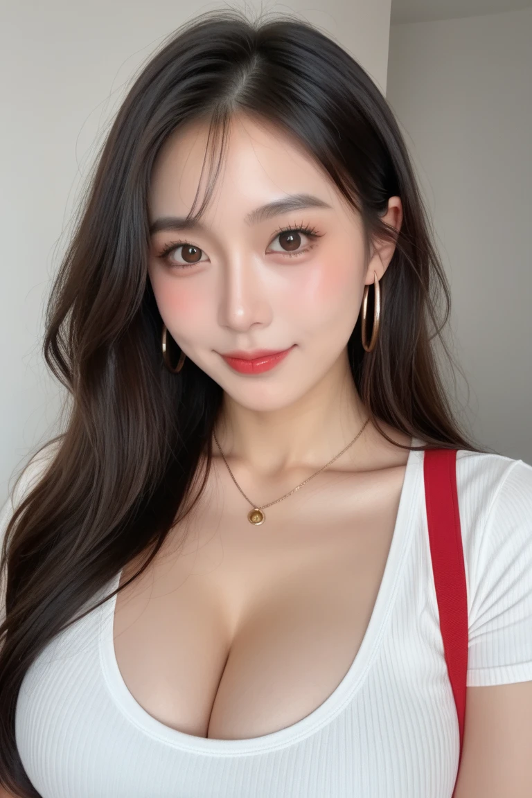 (Realistic, Photorealistic: 1.37), (Masterpiece, Best Quality: 1.2), (Ultra High Resolution: 1.2), (RAW Photo: 1.2, shots on Nikon), (Sharp Focus: 1.3), (Face Focus: 1.37), (Ultra Detailed CG Unified 8k Wallpaper: 1.2), (Beautiful Skin: 1.2), (pale Skin: 1.3), (Hyper Sharp Focus: 1.5), (Ultra Sharp Focus: 1.5), ( Beautiful pretty face: 1.3), (super detailed background, detail background: 1.3), break, very cute and beautiful Japan pictures of woman, (sexy model), professional attire, (22 years old: 1.1), portrait of a girl with a bright smile, upper body image, When viewed from the front, the composition is symmetrical, (Studio lighting: 1.3), (Cinematic lights: 1.3), (backlight: 1.3), dim lighting, lighting that covers the whole body, (looking straight at you, standing:1.3, arms down:1.3, random, model pose), break, (shiny-brown half up thin hair: 1.2), dark brown eyes, upturned eyes, beautiful eyes, princess eyes, ((brown hair:1.3)), single hair, bangs, Hair between eyes, Long hair, curby, abs, perfect abs, (gigantic-breast;1.37, big breast:1.37, big cleavage:1.37), (thin waist: 1.15), (detailed beautiful girl: 1.4), (bare shoulder, Chest squeezed together, View viewer, (blue camisole:1.3, black box-long-skirt:1.3, teacher fashion style, attractive look), Solo, Parted lips, pink lips, (shiny skin), sweat, (school room background:1.5), (light seductive smile:1.25), ((Perfect Female Body)), (Upper Body Image:1.3), Frame the Head, Perfect Anatomy, Perfect Proportions, 8.5 Life-Size, Face Focus, Ultra Realistic Photo, Hyper Sharp Image, Hyper Detail Image, closed eyed