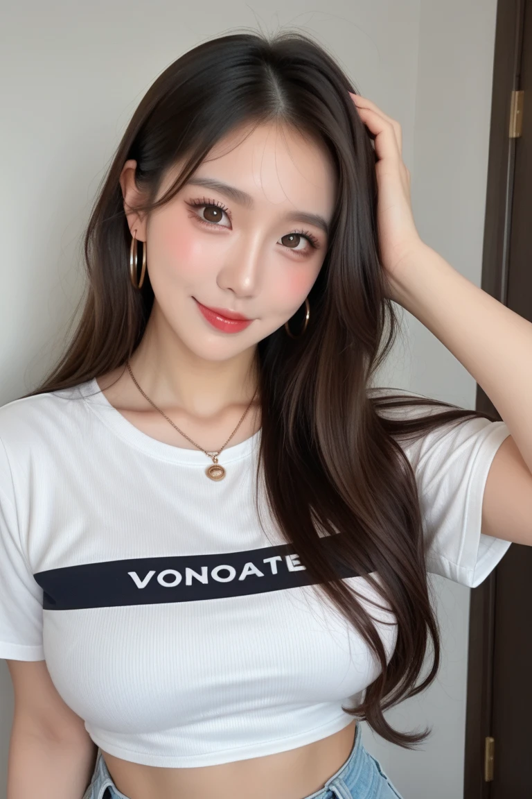 ((Highest quality、8k、masterpiece:1.3))、voluptuous woman、One Girl、(Slim figure:1.2)、Dark brown hair、Ultra detailed face、Detailed lips、Detailed eyes、double eyelid、(Big Breasts:1.2)、Random T-shirt、Random outfit、Random Location、A particular woman、Private Server、dressing、now、smile、