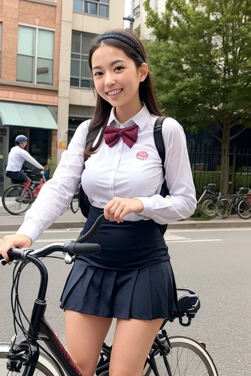 (Thai-American women),(huge breasts:1.6),(High school uniform, white shirt, ribbon, checked skirt:1.5),
(slim waist:1.4),(smile:1.3),(mother cycle:1.5),(cowboy shot:1.5),