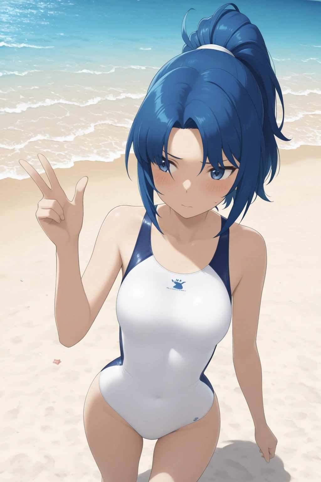 (kochou shinobu), 1 woman, butterfly hair ornaments, hair ornaments, Purple Hair, Multicolored Hair, Black Hair, Purple eyes, smilei, Gradient Hair, Hollow Eyes, short hair, bangs, parted bangs, Mouth closed, Side Lock, (medium breasts), (bulack one pieces swimsuit), (highleg swimsuit: 1.3), cowboy shot, blue null, cloud, Outdoor, beach, belt, View your viewers,