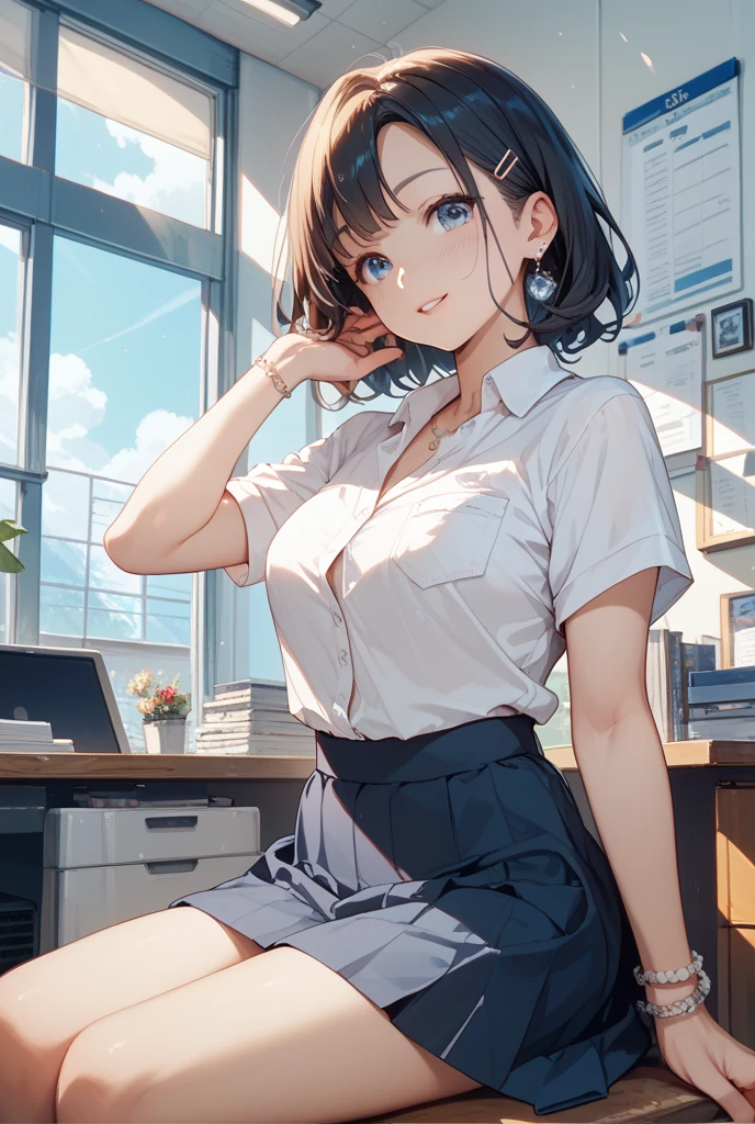 ((((highest quality)))), (((Ultra-precision CG 16K))), (((masterpiece))), (((Very detailed))), (((Extremely detailed))), (((Black outline:1.3, Written boundary depth:1.3 , Written soft outline))), Blur, Bokeh, Maximum clarity and sharpness,Multilayer Texture, Surface Shading, Cinematic lighting, Beautiful details sparkle ,Perfect Proportions, BREAK breast enlarged, large Breasts, rocket breasts, slender waist, (blush, smiling:1.3,) BREAK (girly fashion, mini-T-shirt, (fubuki:1.3), BREAK ((Leaning back in the chair:1.3) , Stretching-upwards:1.3, stick breast out),( a woman in the office room, serious, sit in an office chair, from side, from below, looking at ceil , bust up, cowboy shot),
