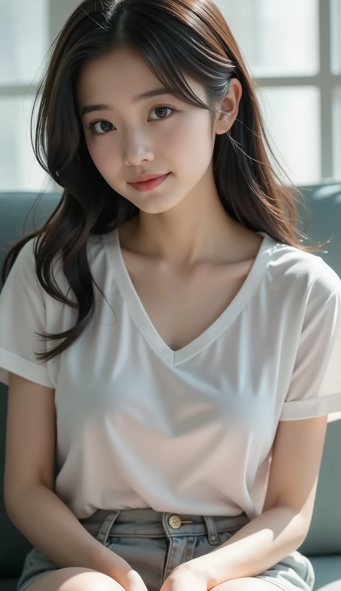 8 girl, black hair, Japanese, (masterpiece:1.3)、1 person, Super detailed finish、(High resolution、8K:1.3)、(highest quality、Ultra-realistic as a photo:1.harp focus, 超High resolutionの顔、the face is in focus、Ultra high definition and beautiful eyes, very cute、very cute, smile,, embarrassing:1.tare at the camera:1.2,, soft light, thin, track and field athlete, thighs, belly button, slender,