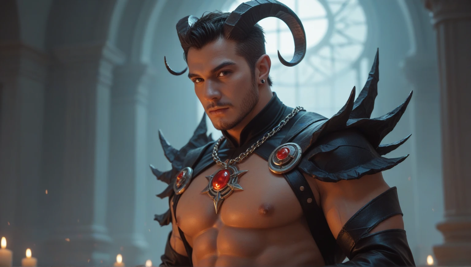 masterpiece, realistic, photographic, 1boy, a sexy young Roman Catholic priest turning into a hot male demon with red skin, black hair, glowing red eyes, long black claws on his fingers and large horns as well as a massive demonic wingspan, he is wearing a black loincloth, bursting out of his ripped and torn priestly robes showing his muscular pecs, abs, biceps, shoulders and perky nipples.  A seductive expression on his face, he is surrounded by glowing human skulls, stained glass windows inside the interior of a gothic church background