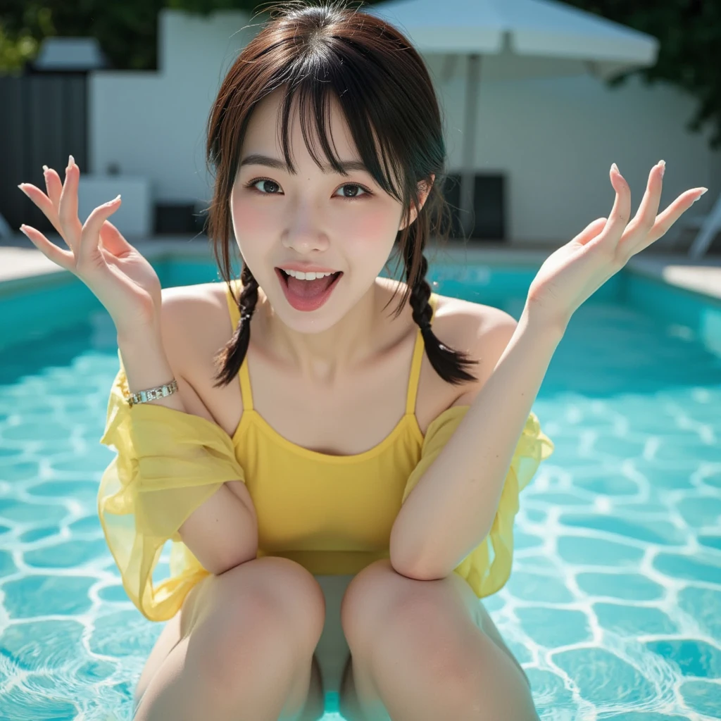 (masterpiece:1.2), Very detailed, Ultra-high resolution, (Realistic, photo Realistic:1.37), High-resolution RAW color photos, Professional photos, Dramatic lighting, Sharp focus:1.2, (Very detailed顔と肌の質感, Very beautiful eyes, Glossのある肌, Glowing Skin, Glowing Skin, Shining Face, Gloss, Oily skin, greasy face, Oily skin, greasy face, 強いGloss), Perfect Anatomy, Very detailed背景, 1 female, 25-year-old woman, Japanese women,Height: 168cm, (Short Bob Hair, Straight hair, bangs:1.3, Brown Hair), (Lean：Weight 1.0), (Flat Chest:1.7), (((dim:1.5)),((Pool at night))), Thighs, (((((On all fours))))、,((((Spread your legs))))、((((Erotic)))), ((Functional)), ((Glowing Skin)), (((Dark navy one-piece swimsuit、Japanese School Swimsuit))),(((Erect nipples:1.1))), (real Glossのある肌 texture), (((Wet swimsuit))),(Glowing Skin), (((White skin))),(((Browsing Caution))),Earrings,((((Open your mouth、Squint your eyes、Looking up at the sky))))、((((Panting)))),Turn around and look back