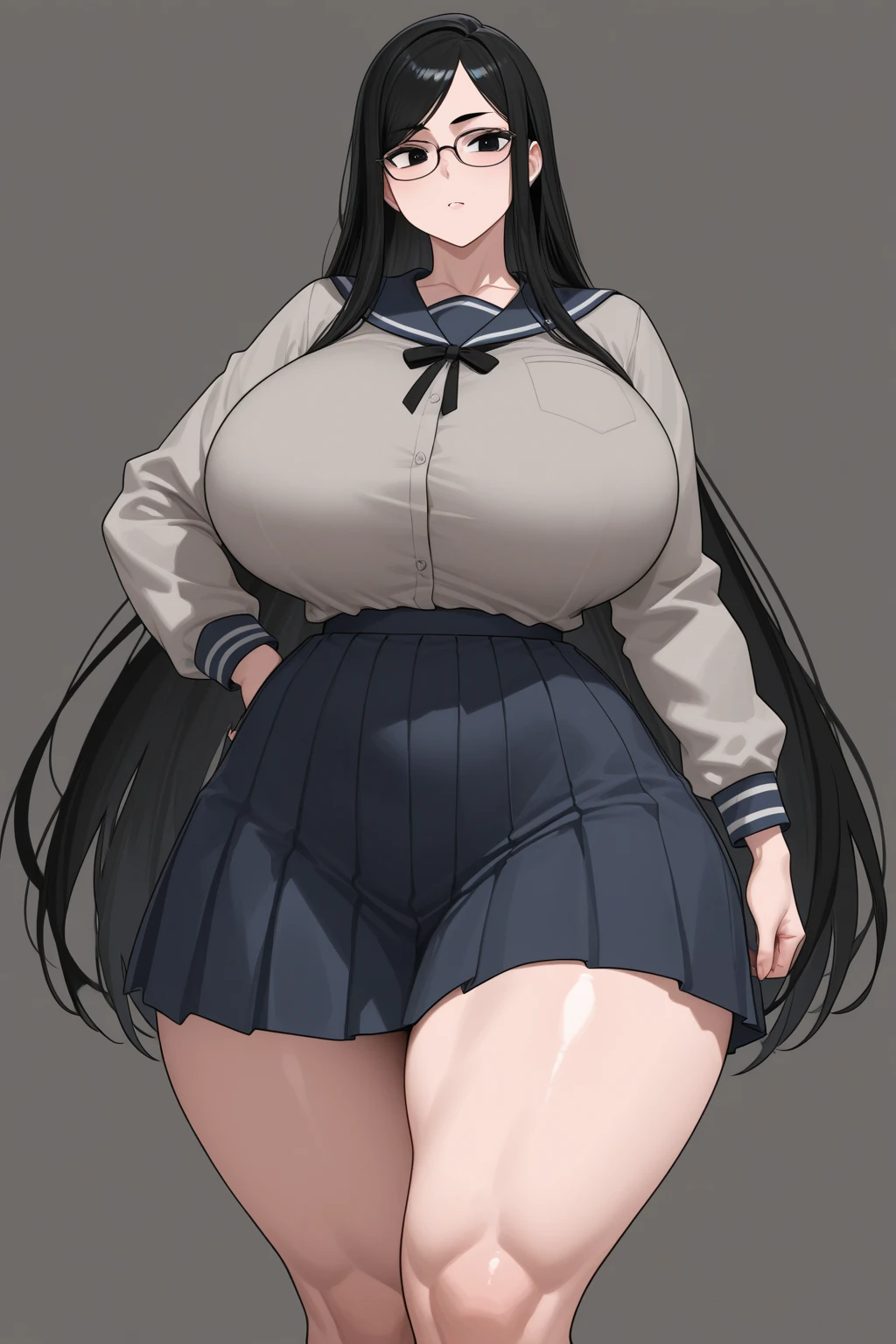 One Girl,Precise five fingers,{Knee-high socks}、(((Wide Hips)))、 (((plump and thick thighs)))、((Big Ass))、(Big Breasts) Embarrassed look,whole body、Long Hair、Sexy pose,Black footwear、Black Hair、blonde、Short skirt、