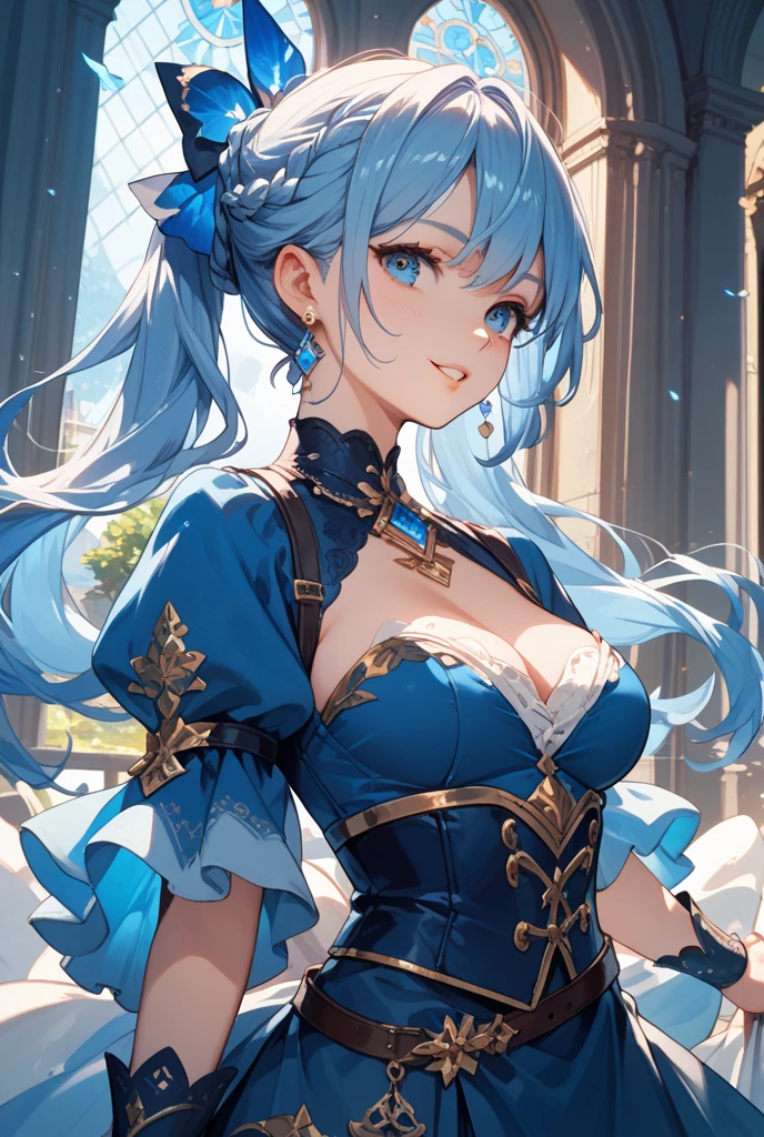 (masterpiece), highest quality, girl, alone, (trench jack)、kilt skirt、
a extremely delicate and beautiful girl, perfect details, super detailed illustrations, Close-up of girl, girls front, close up shot, head tilt, handsome figure, very long hair, Short wavy fine hair, asymmetrical bangs, eyes visible through hair, light silver hair, beautiful fine hair, Happy, delicate eyelashes, light blue eyes, with blue ornaments, blue hair ornament, earrings, wallpaper 8k CG, hyper quality, very detailed,nature, flower、{{{{small breasts}}}}、highlight