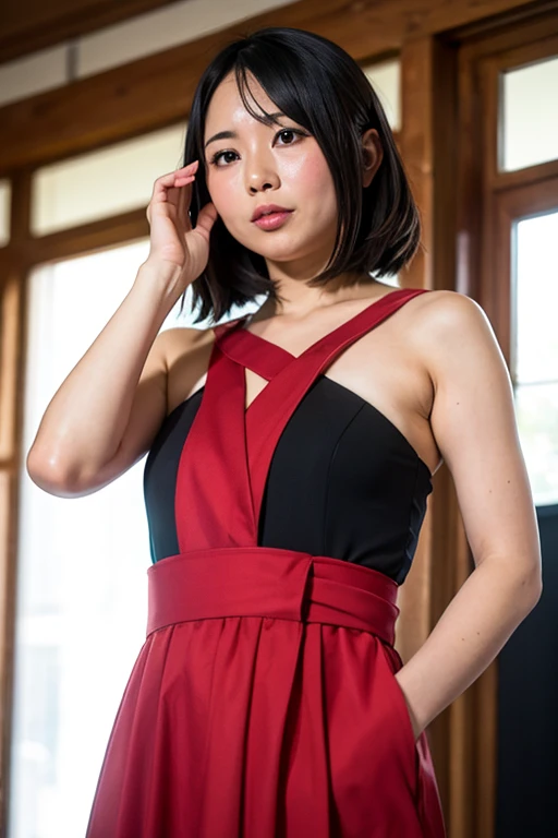 A photo of an 5-year-old Ada Wong wearing a red dress and holding a teddy bear. ???, , slim, short black hair, brown eyes, fair skin.