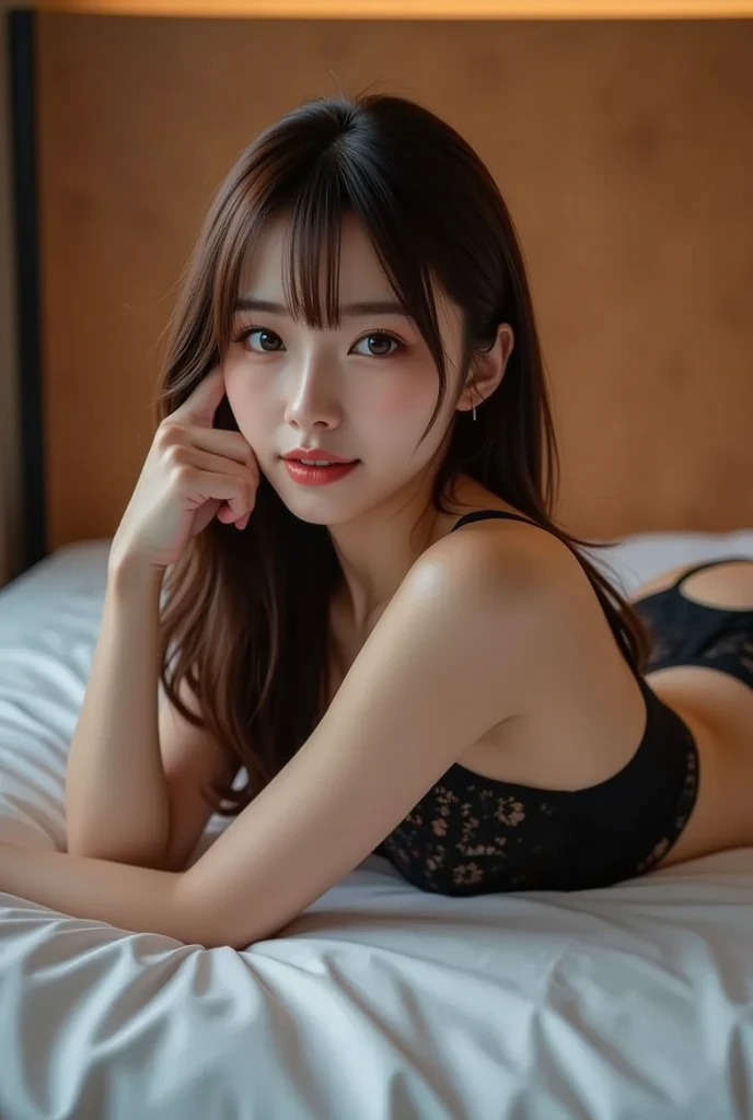 masutepiece, Best Quality, Illustration, Ultra-detailed, finely detail, hight resolution, 8K Wallpaper, Perfect dynamic composition, Beautiful detailed eyes, Women's Fashion Summer,Medium Hair,Small breasts natural color lip, Bold sexy poses,Smile,Harajuku、20 years girl、Cute、Sexy shot looking at camera, lying on bed