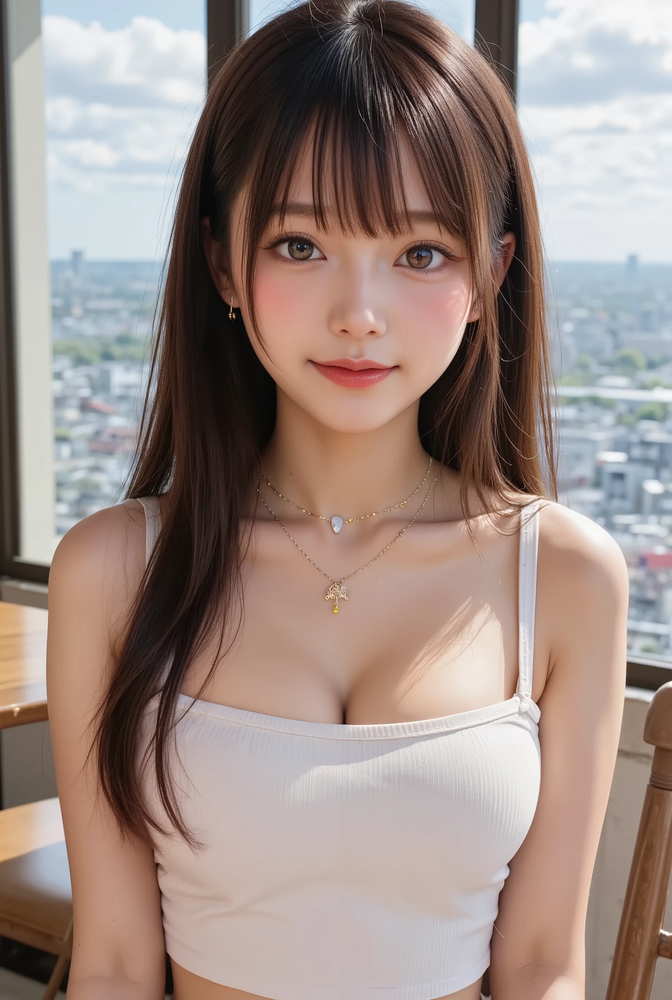 best qualtiy,Original,tmasterpiece,超高分辨率,teens girl,Draped with hair,choker necklace,camisole,medium boob,城市,heal,Bracelet,eardrop,