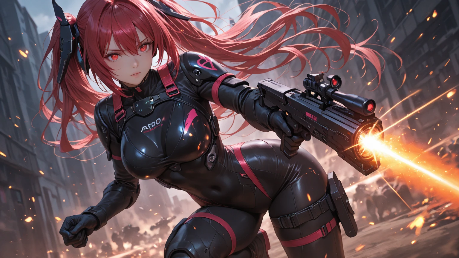 4k,High resolution,one woman,redhead,long hair,green eyes,big breasts,knight,tight black cyber suit,knightの鎧,knightのバイザー,long sword,city of the future,night background