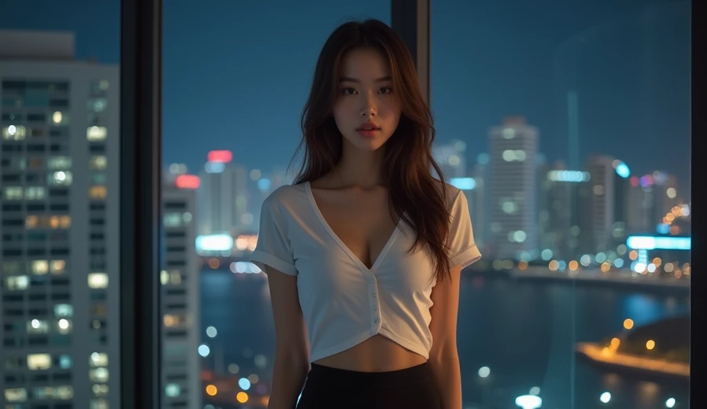 ((Highest quality, 8k, masterpiece :1.3)), whole body, Sharp focus :1.2, Beautiful woman with perfect figure :1.4, Slim Abs :1.2, ((Dark brown hair, Big Breasts :1.2)), Body Dress :1.1, (Night city view, Modern balcony :1.1), Highly detailed face and skin texture, Detailed eyes, double eyelid, Small breasts, OL Uniform, office Wear, White T-shirt, Exposed cleavage, (Black Pantyhose), (No pants), Indoor scene, office,Japanese,