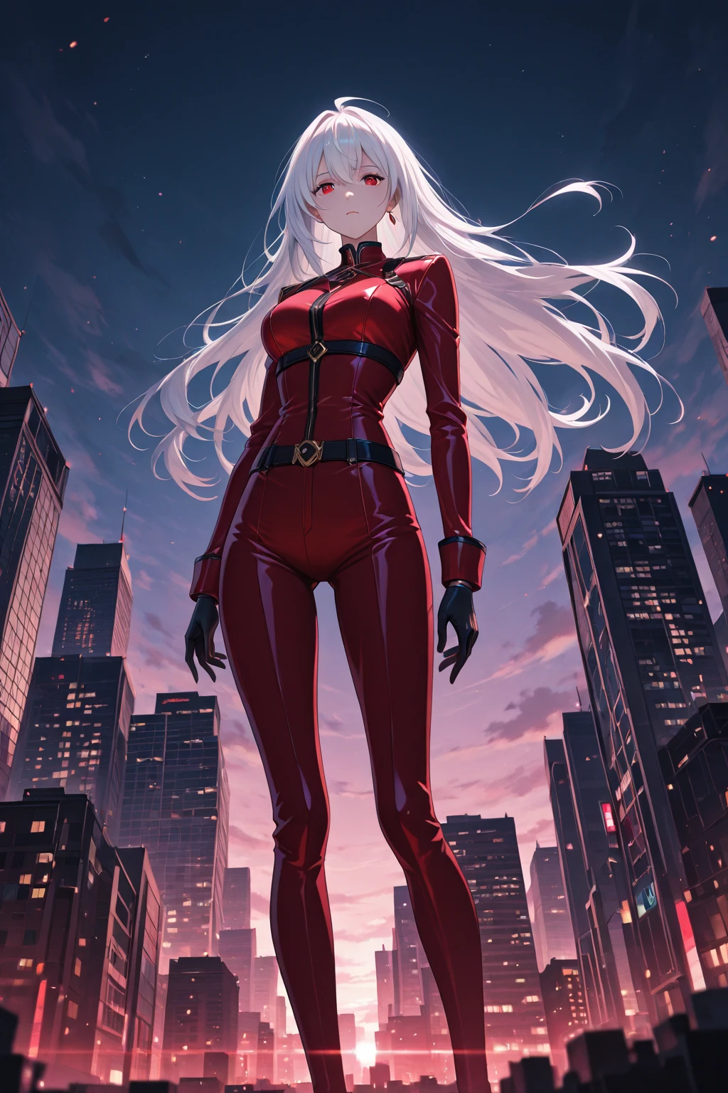 masterpiece, best quality, 1girl, medium breasts, (leotard, red leotard with white accents, sleeveless, midriff), bare legs, boots, matching boots, bracelets, city backdrop, solo, single, standing, heroic, (full body shot, cowboy shot), beautiful detailed eyes, medium hair, white hair, superhero, (glow, powering up, light particles)