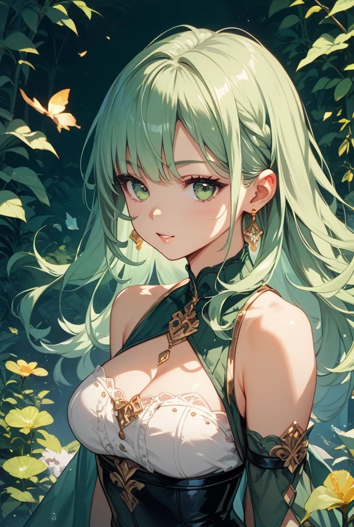 full-body view, masterpiece:1.2, highest quality, highres, 16k, ultra-realistic, photorealistic:1.37, beautifuldetailed, anime style illustration, 1girl, princess, light green hair, green forest spirit, beautiful light green hair, nature, fantastical, detailed face, beautiful light green eyes, expressive eyes, detailed lips, sitting on a branch on a high tree, legs dangling,ultra-detailed,intricate details, vibrant colors, fantasy art, digital painting, cinematic lighting, magical, cinematic angle,