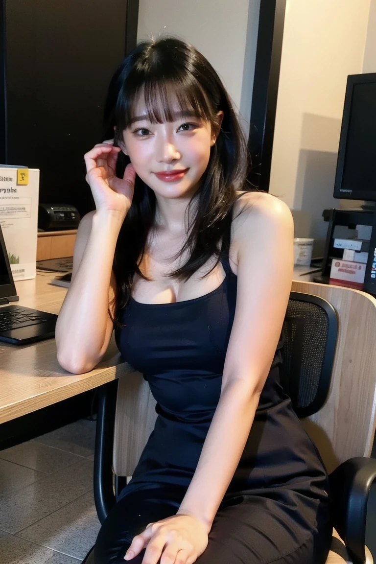 ((top-quality、masterpiece、photographrealistic:1.4、in 8K))、Beautuful Women1a person、25years old、delicate and beautiful face、Eyes and faces with detailed 、(Modern workplace with computer:1.2)、(Shirt:1.2)、(standing:1.2)、A smile、Beautiful lighting、Textured skin、Super Detail、high detailing、High quality、hight resolution、(looking at the viewers)、Detailed mouth、Opening Mouth、full body Esbian、tight skirts、Women at work、Fishnet Stockings、Coffee、window、Women who can work、high-heels, short hair