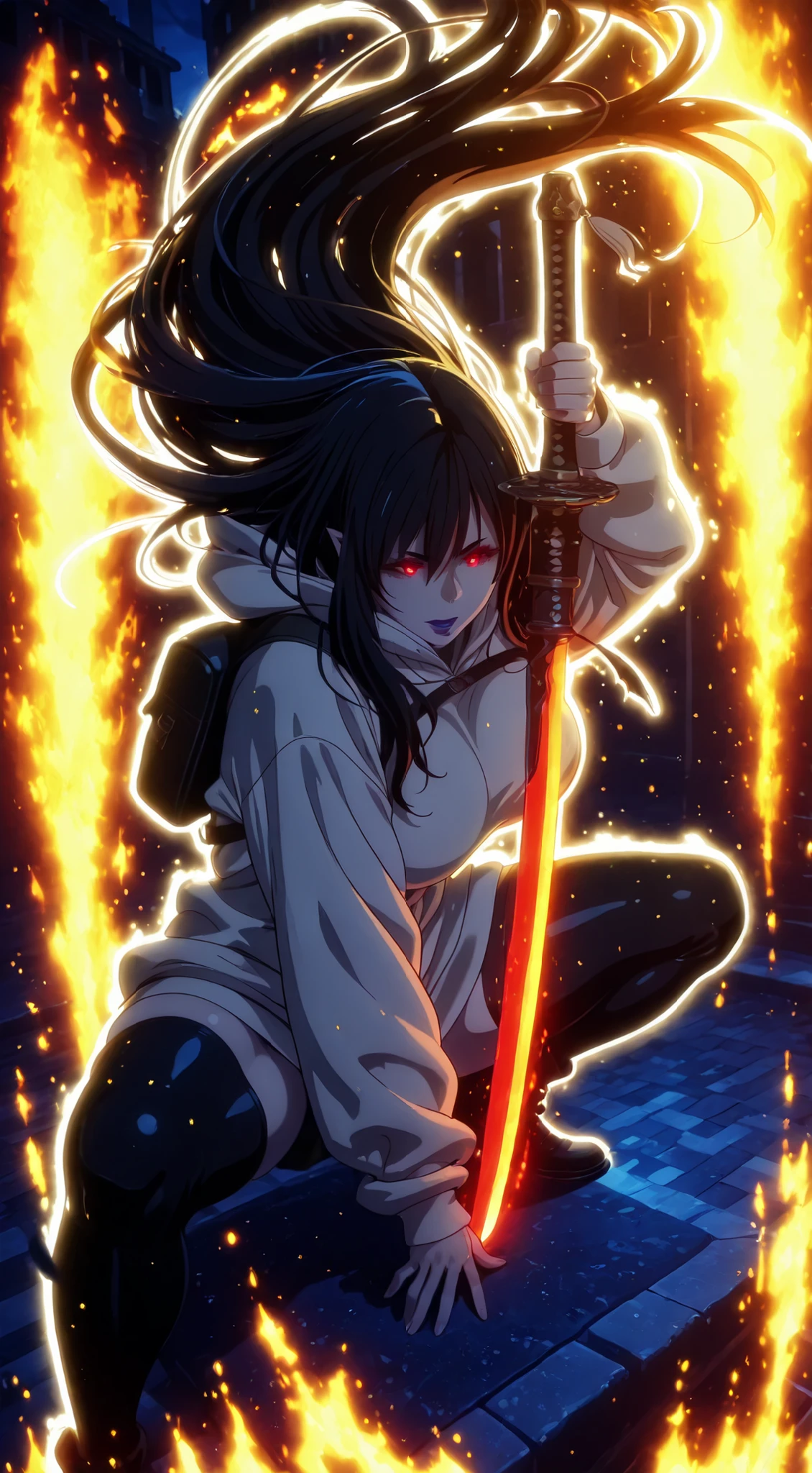 (jam-orbital-style:1.2), (zonda_(solid_air)-style:1.2), ((anatomical correct)), ((Cinematic, unreal engine, eye-catching, ambient occlusion, UHD, masterpiece)), ((perfect lighting, soft shadow)), perfect body, perfect eyes, perfect fingers, gasping, heavy breathing, gasping profusely, ((skindentation)), ((curvy)), enigma, vampire, long hair, ((black hair)), hair between eyes, red eyes, pale skin, purple lips, lipstick, pointy ears, big breasts, (voluptuous:1.5), (mature female:1.5), ((white outline)), (aura), (black aura:1.2), 1girl, weapon, solo, glowing, sword, backpack, holding, hood, hoodie, bag, holding_weapon, katana, floating_hair, glowing_eyes, holding_sword, night, outdoors, long_sleeves, squatting, white_hoodie, hood_down, building, glowing_weapon, shoes, glowing_sword, 