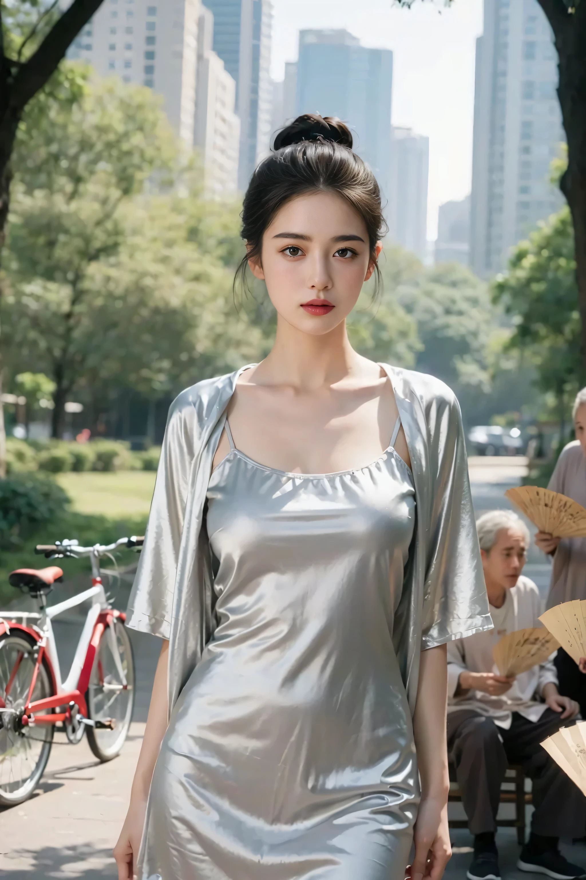 8K, masterpiece, RAW Photos, Highest quality, detailed:1.2),Realistic, Extremely detaileded Cg Unity 8K wallpapers, Depth of written boundary, Cinematic Light, Lens flare, Ray Tracing, (Very beautiful face, Beautiful Lips, Beautiful Eyes), intricate detailed face, ((ultra detaileded skin)) One girl, In the Dark, Deep Shadow, Cute Korean Girl, K-Pop Idols,(Very slim and slender muscular body:1.3), ((Displaying the viewer)),(Big smile), (Bodycon mini dress), (Injection Sleeve) , (City night, (Neon Signs), Dim lighting, rooftop, terrazzo, (night), Cute Korean Girl, Earrings, Bangles, necklace, pantyhose, Clear Eyes, walking , (Pale skin), Look forward, (Big eyes), ((Upper Body Shot)), Wear tight, Silk dress, Lace dress, (See-through dress), Very slim, Defamation, Updo, Silver open neckline dress, Skinny super mini skirt, Sitting, bed, front, Leg spread