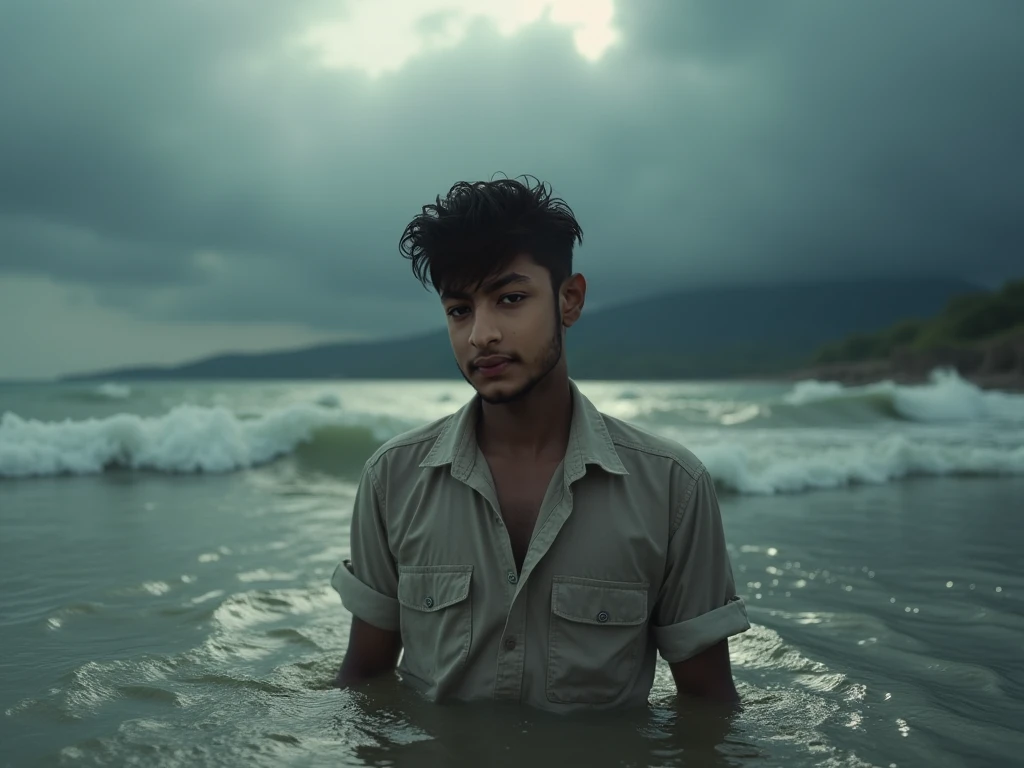 there is a muscular stocky man standing in a garden with a white hedychium flower in his hand, rain aesthetic, covered in plants, thunderstorm clouds and sky background, amidst nature, flowers in front of his body, raining portrait, rainy day outside, rainning everywhere, portrait and focus on him, fined quality, he is looking flower, big pecs, big erect pink nipples, big biceps, wide shoulders, black short hair