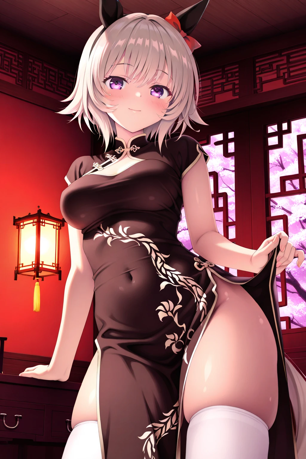 1girl, ultra high res, china dress, tight dress, covered navel, lowest angle , looking down at viewer, underboob, large chest, stomp, smile, shaded face