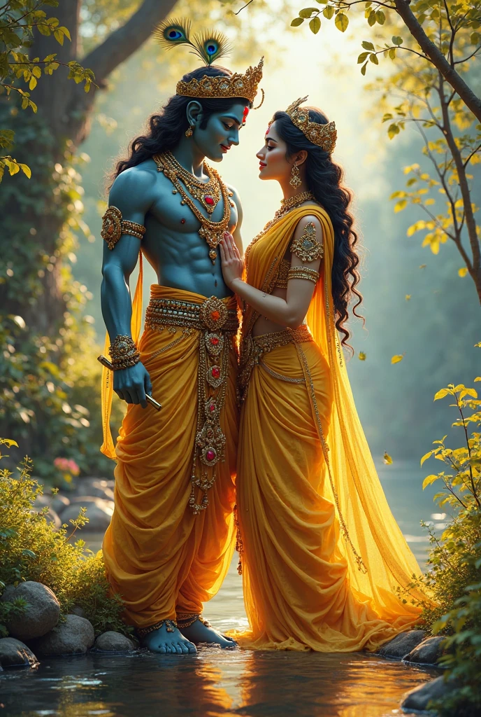 A Hindu adult and muscular god Shri Krishna standing near his beloved Hindu goddess Shri Radha Rani wearing a peacock crown on his head and waring yellow colour pitambari 