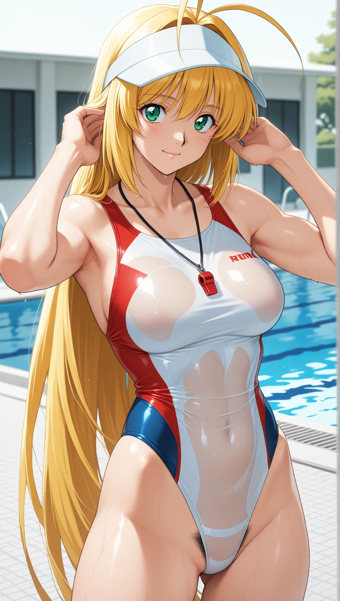 masterpiece, Highest quality, High resolution, kitagawa marin, One girl, Blonde, Long Hair, Multicolored Hair, Red eyes, jewelry, Earrings, Earrings, , Turquoise competitive swimsuit、Turquoise racing swimsuit、 Hands on hips, ,Grin, smile, Are standing, Cowboy Shot, Outdoor,