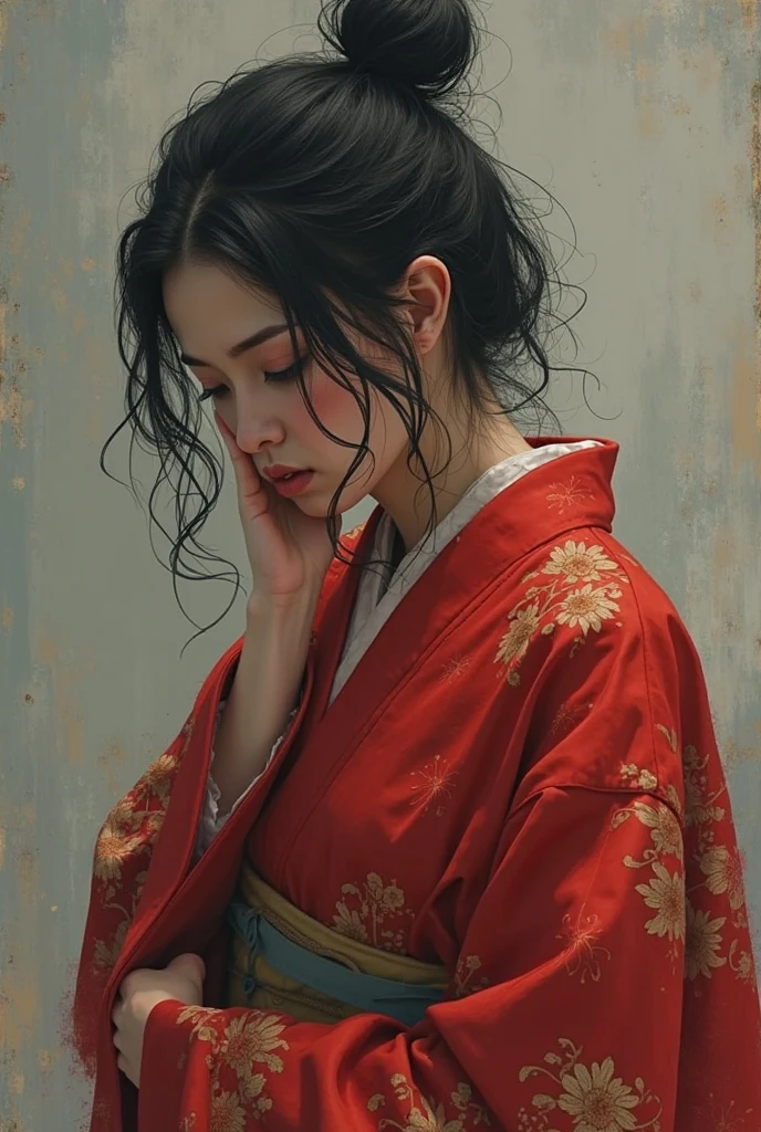 -Hanama wine, painting \(medium\), traditional media, black hair, watercolor \(medium\), long hair, chinese clothes, sitting, long sleeves, 1girl, 1boy, red dress, ponytail, dress, from behind, hair ornament,anime,<lora:Hanama wine V2-000018:0.8>,