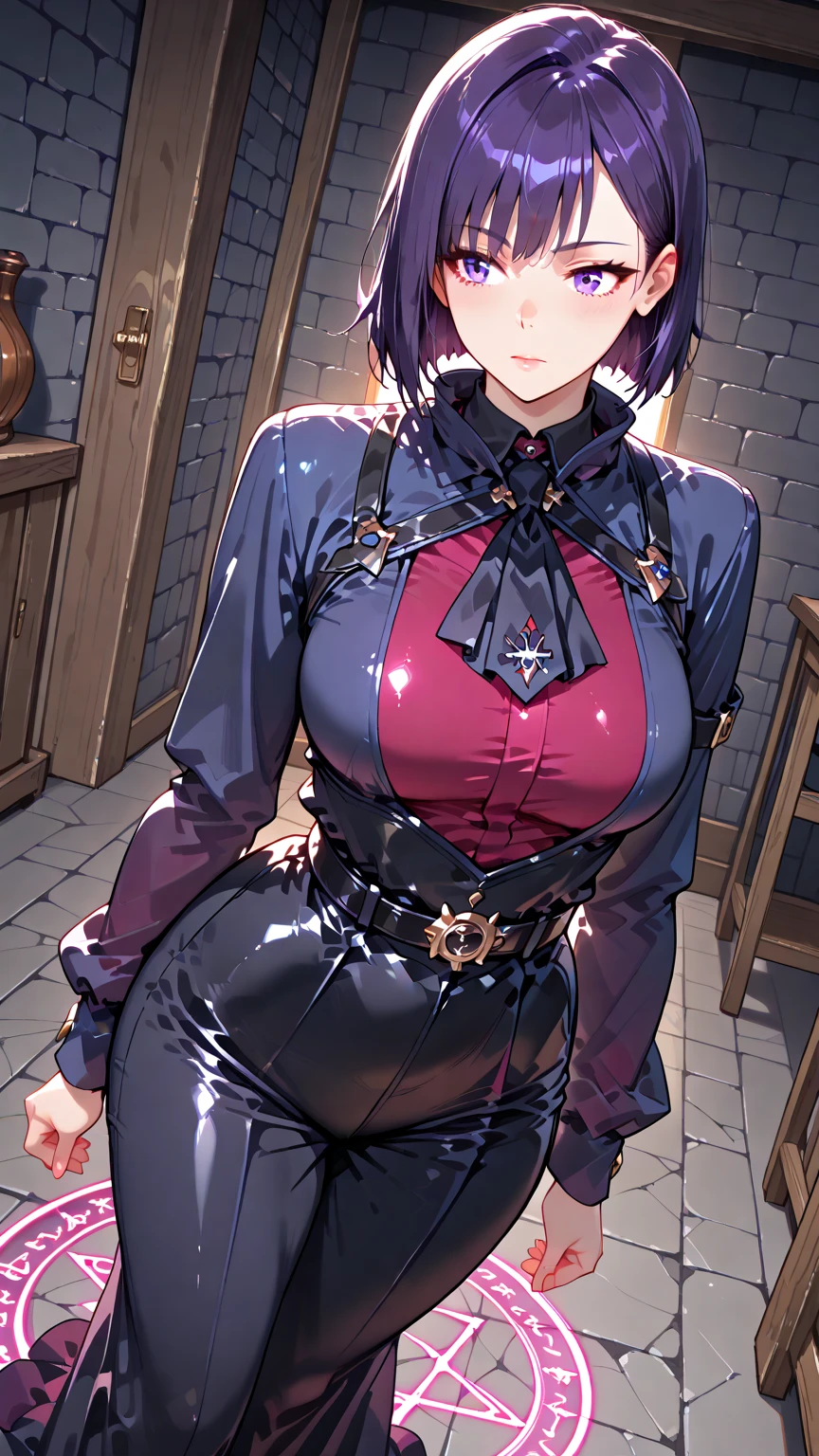 rosaria, rosaria, bags under eyes, hair between eyes, long eyelashes, multicolored hair, (purple eyes:1.1), purple hair, red hair, short hair, streaked hair, (medium breasts:1.2), BREAK bare shoulders, breasts, elbow gloves, fishnet pantyhose, fishnets, gem, gloves, gradient, nun, pantyhose, red gemstone, skindentation, thigh strap, tiara, white gloves,
BREAK looking at viewer, full body, (cowboy shot:1.5),
BREAK indoors, church,benches, candles, fire,
BREAK (masterpiece:1.2), best quality, high resolution, unity 8k wallpaper, (illustration:0.8), (beautiful detailed eyes:1.6), extremely detailed face, perfect lighting, extremely detailed CG, (perfect hands, perfect anatomy),
