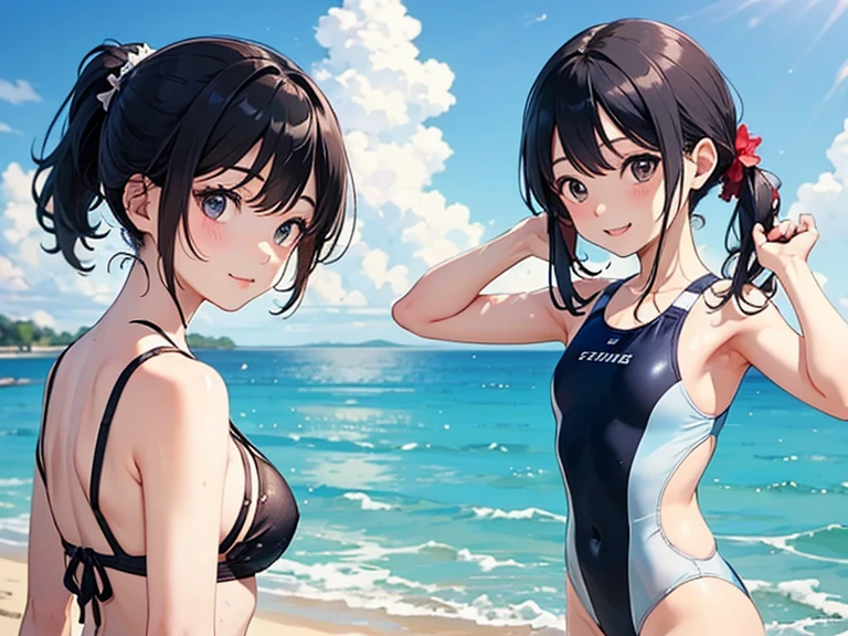 anime、Vibrant colors、In the water、Uplifting、Two beautiful women swimming in the ocean at 100km per hour、Two people facing each other、20 years old、Bright swimsuit、Bright eyes、Sparkling eyes、Large Breasts、An innocent smile、100 vibrant tropical fish、1000 glittering particles、100 butterflies swimming in the water